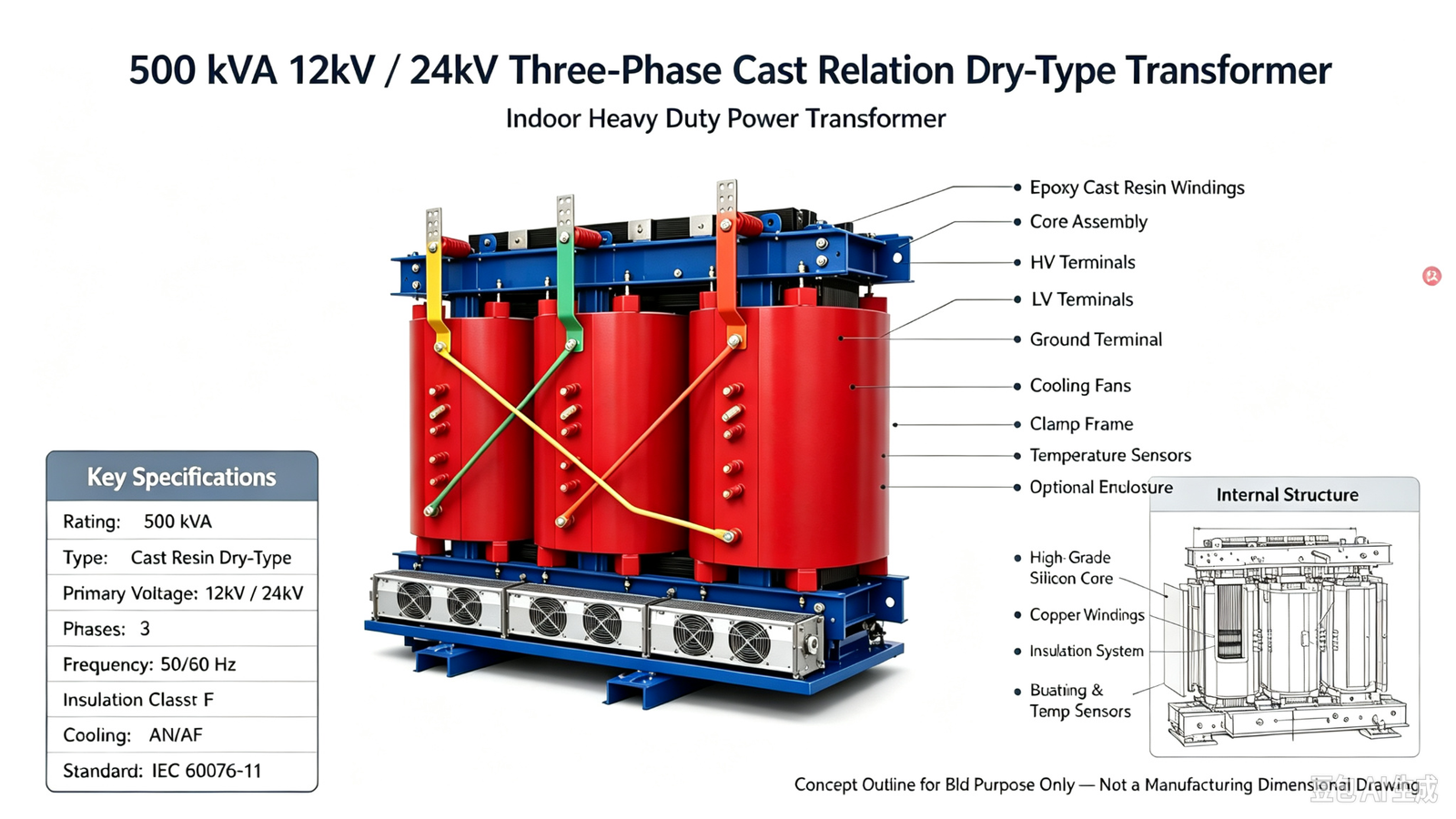 500 kVA Three-Phase Class H Insulation Dry-Type Transformer - Image 4