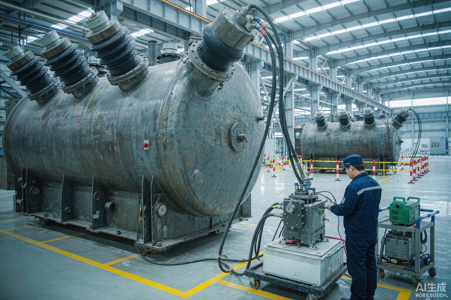 Power transformer factory acceptance test in progress with test instruments connected to a 110 kV unit on the factory floor
