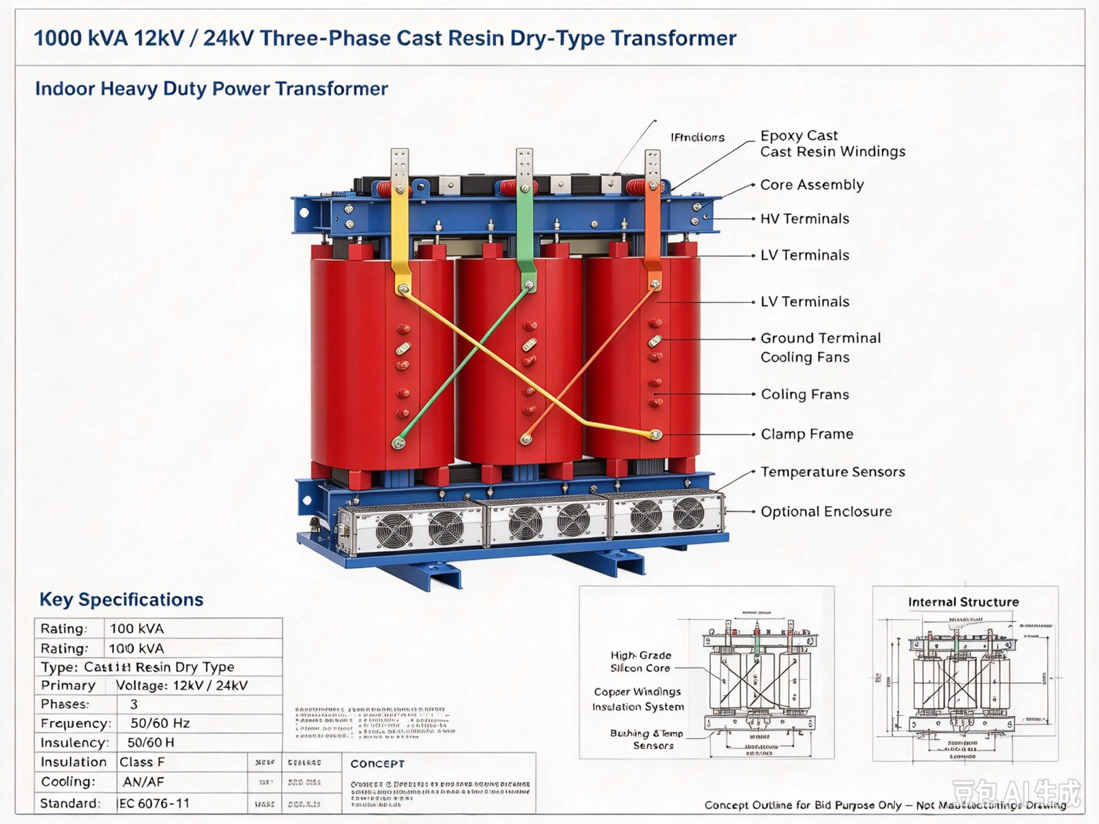 1000 kVA 12kV / 24kV Three-Phase Cast Resin Dry-Type Transformer - Image 2